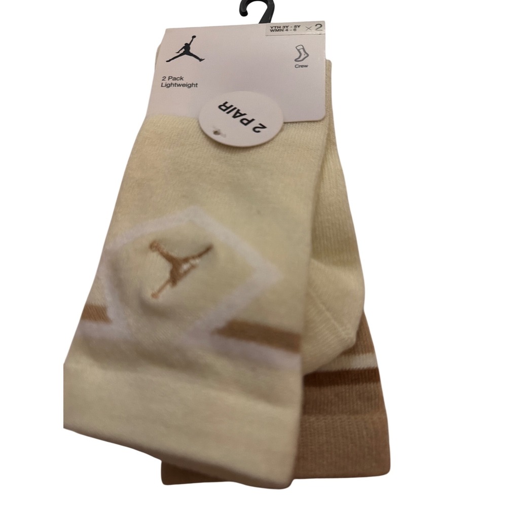 Jordan Jumpman Crew Socks 2 Pack Tan Cream Kids Youth Size 3Y-5Y‎ BJ0099-W3Z